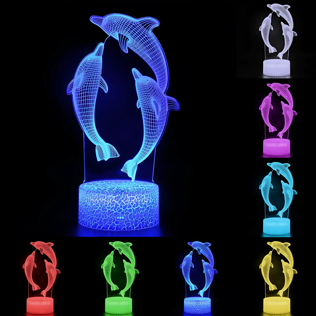 Dolphin 3D LED night light glowing blue with engraved acrylic panel on black ABS base