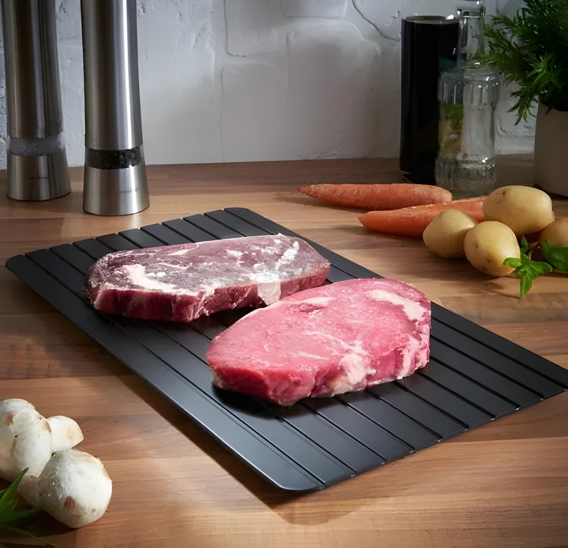 Black aluminium quick defrosting tray for thawing frozen meat and food without electricity.