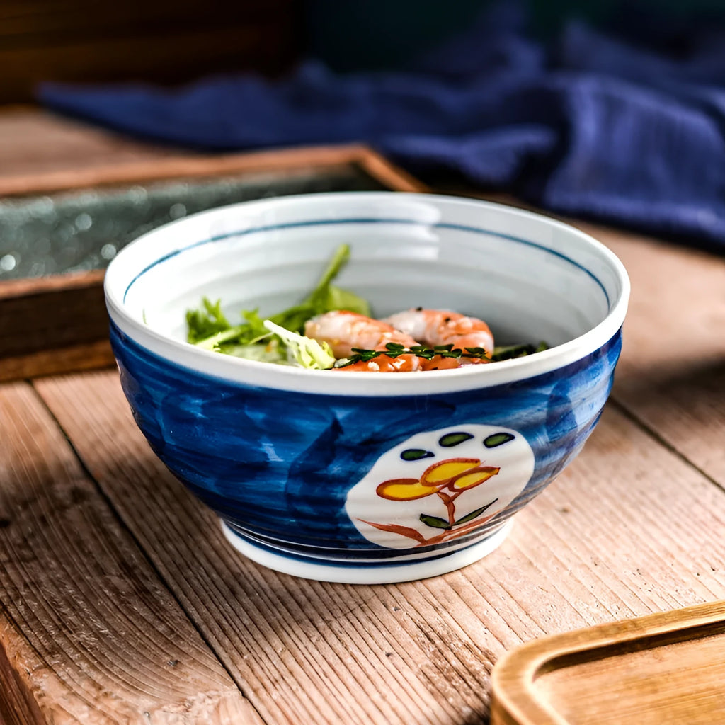 Round ceramic noodle bowl with underglaze hand-painted pattern, 6-inch or 7-inch, Japanese-style tableware