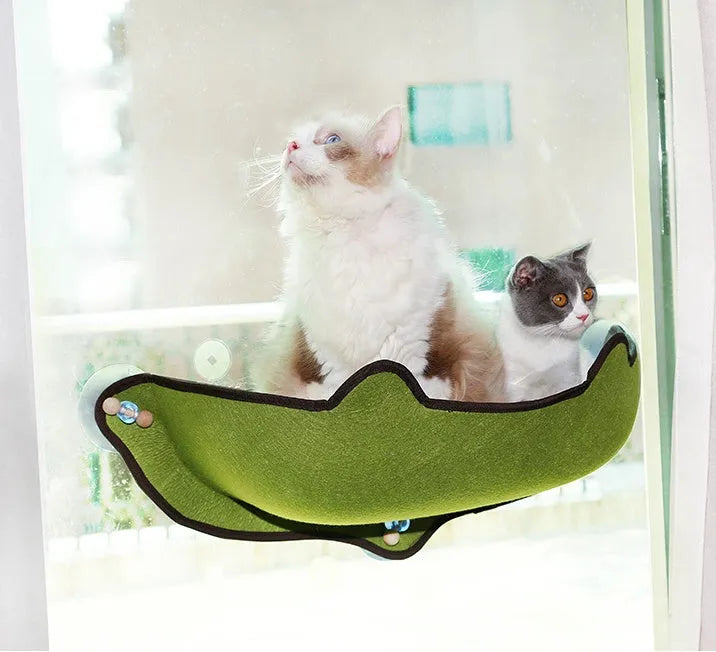 Grey felt cloth cat hammock fixed to a window with three suction cups, 59x22x13cm