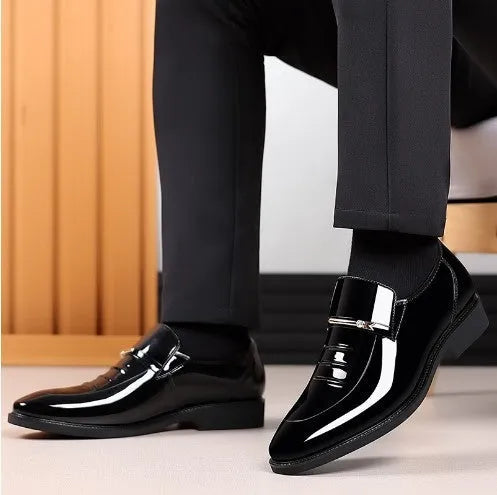 Men's business patent leather shoes in black or light brown, artificial PU upper, sizes 38-48