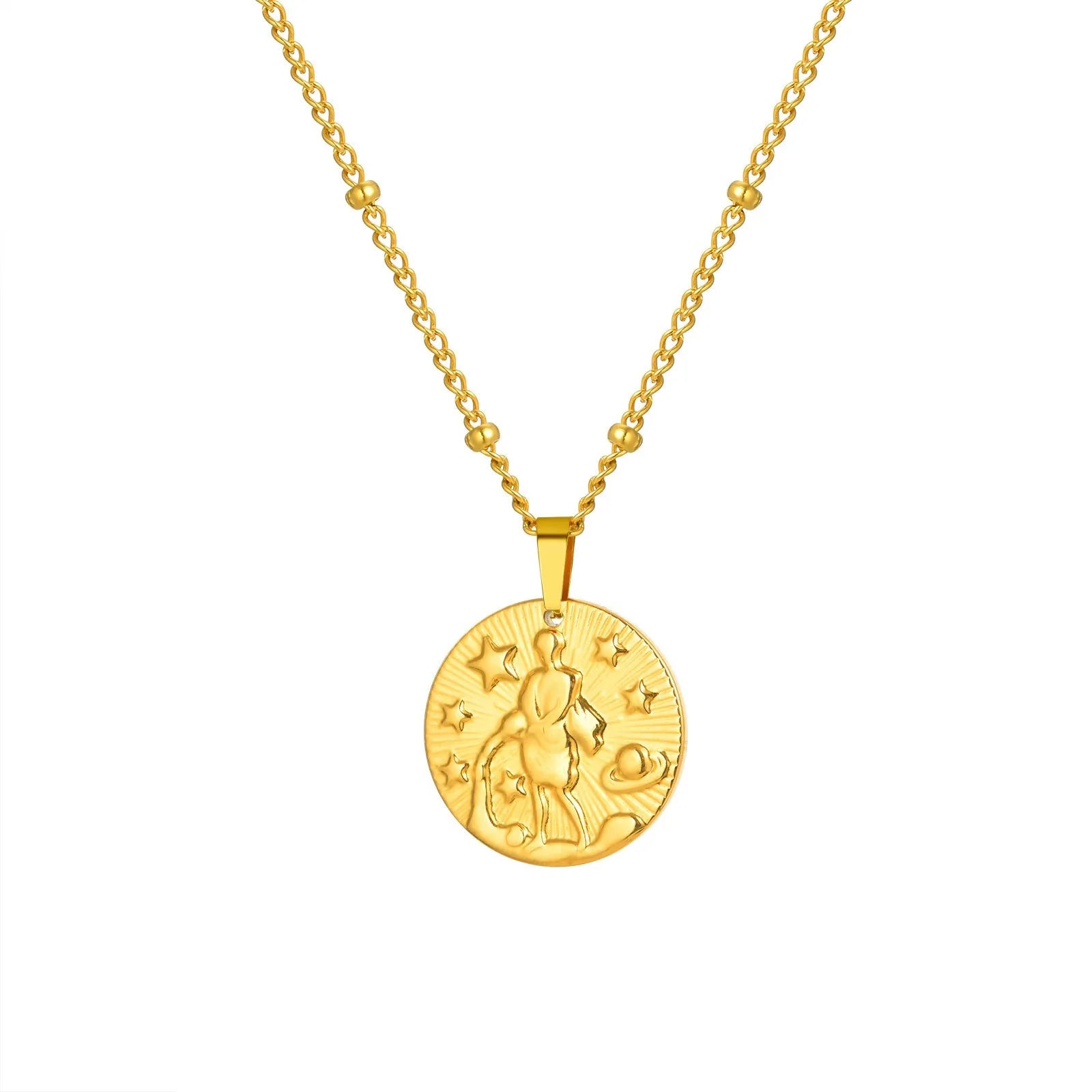 Stainless steel zodiac constellation necklace with round pendant showing embossed star signs on cross chain