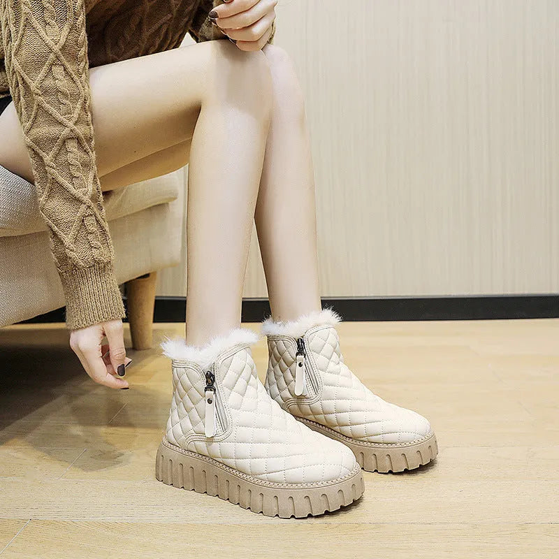 Women's plaid pattern platform ankle boots with side zipper and plush lining in khaki