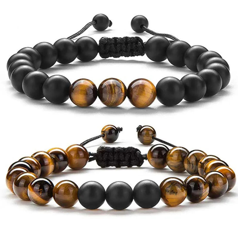 Matte black agate couple bracelets with geometric beads and tiger eye design