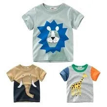 Children's cotton t-shirt with green lion print, showing size label for 120cm.