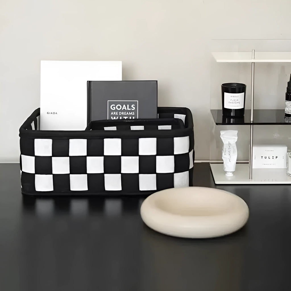 Checkerboard woven felt storage basket with folding design measuring 37x29x19.5cm