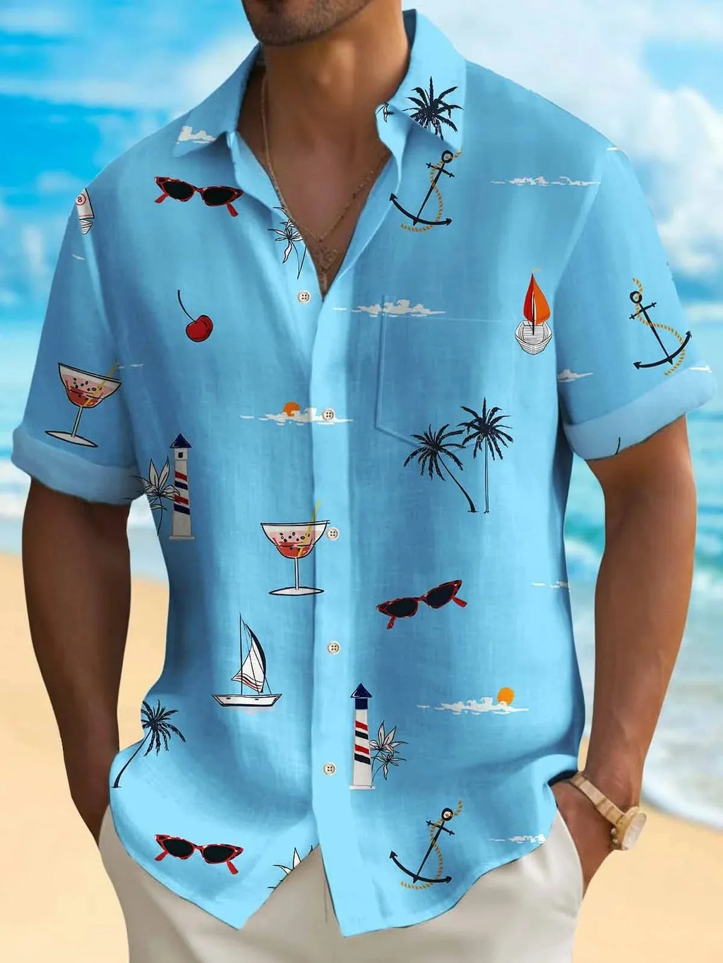 Man wearing a loose-fit Hawaiian shirt with a digital printed pattern, short sleeves.