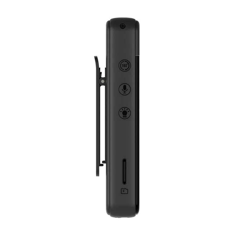 Black plastic HD clip-on magnetic recorder with video and photo functions, shown with optional 16GB memory card.