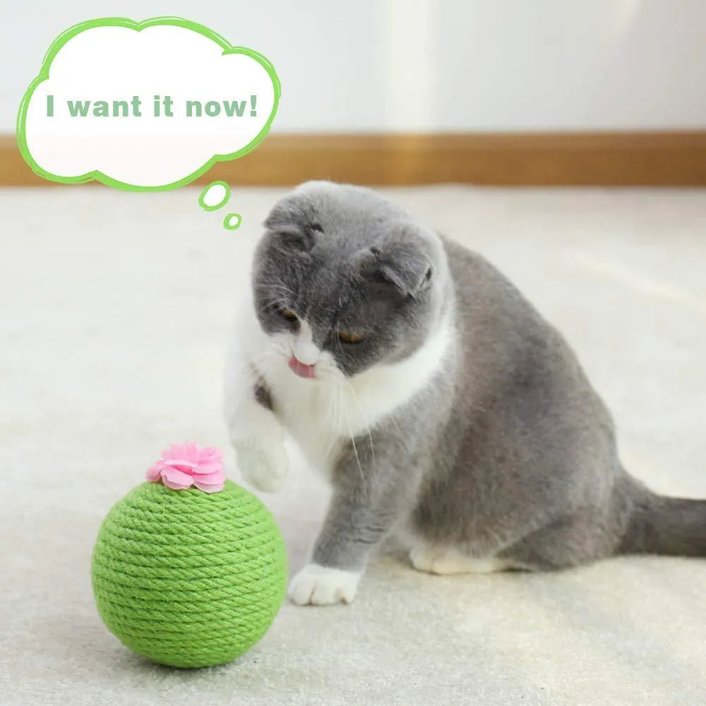 Green multi-level cat scratching tower with an interactive cactus ball toy and sisal-wrapped posts