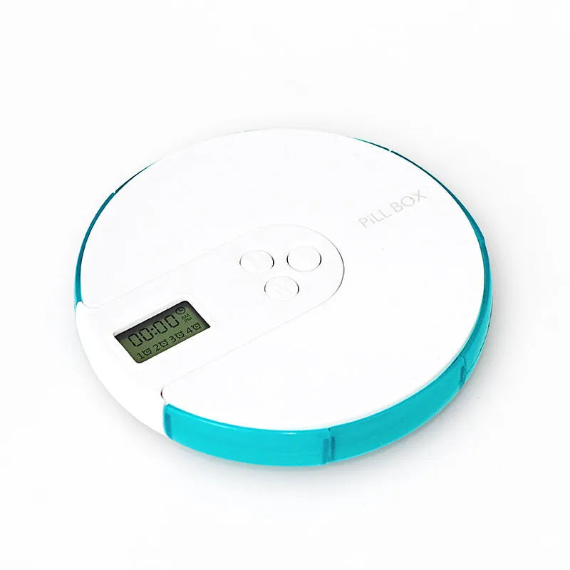 Compact 7-compartment alarm clock pill dispenser with digital timer display in multiple colours.