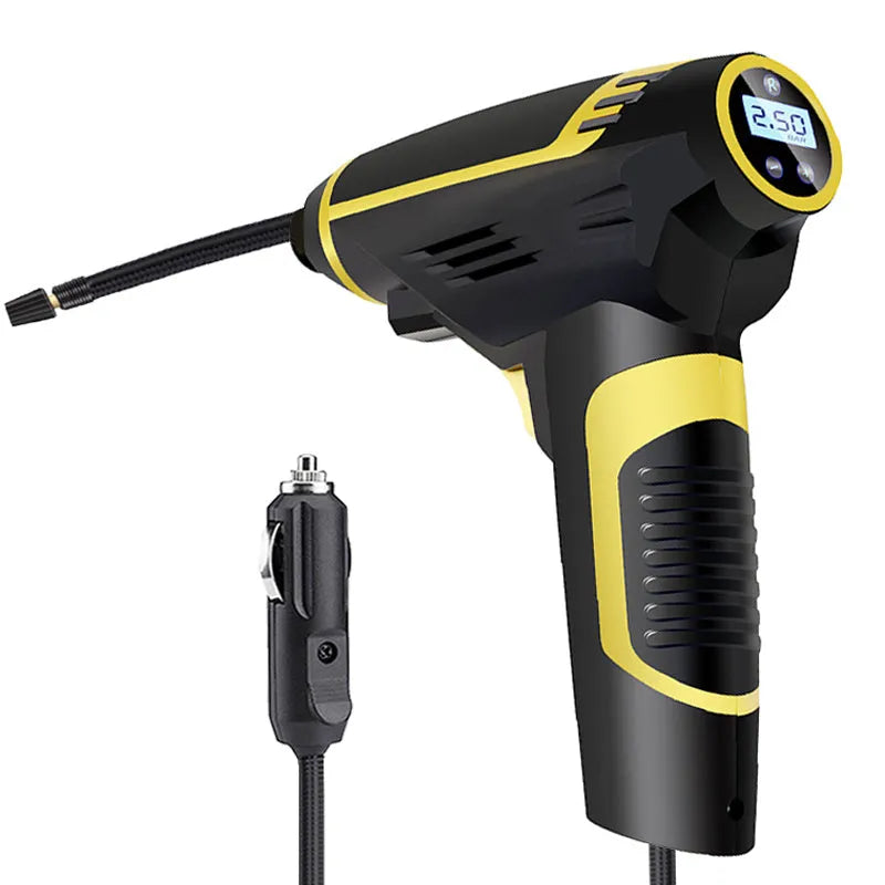 Automatic portable handheld digital LED car air compressor with hose and connectors on black background