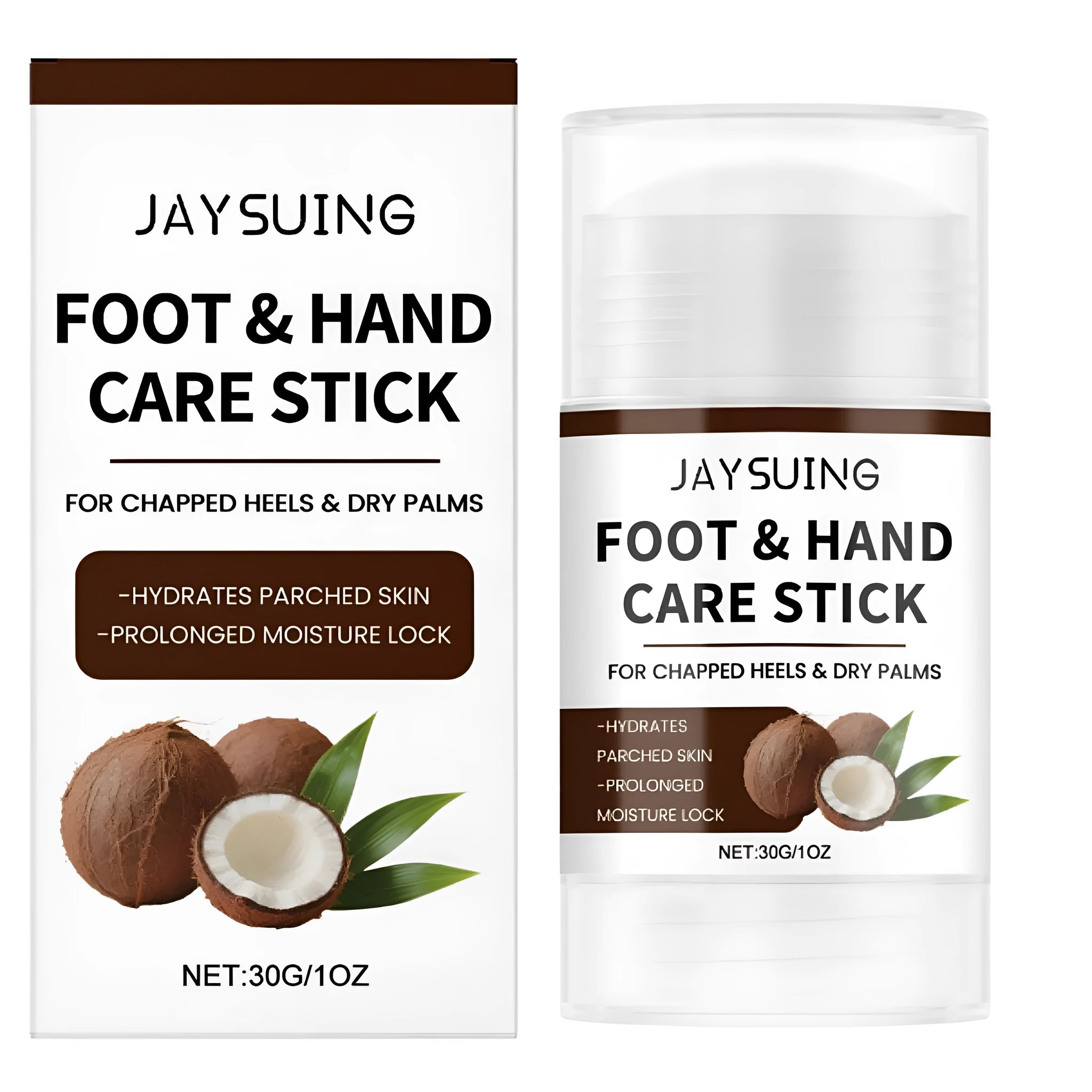 30g solid moisturising stick for hands and feet with coconut oil and vitamin E in a twist-up tube