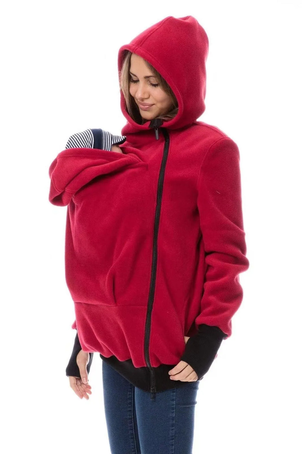 Red women's loose polar fleece sweater with long sleeves and spandex blend fabric