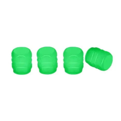 Pack of luminous rubber tyre valve caps in assorted colours including light blue and green.