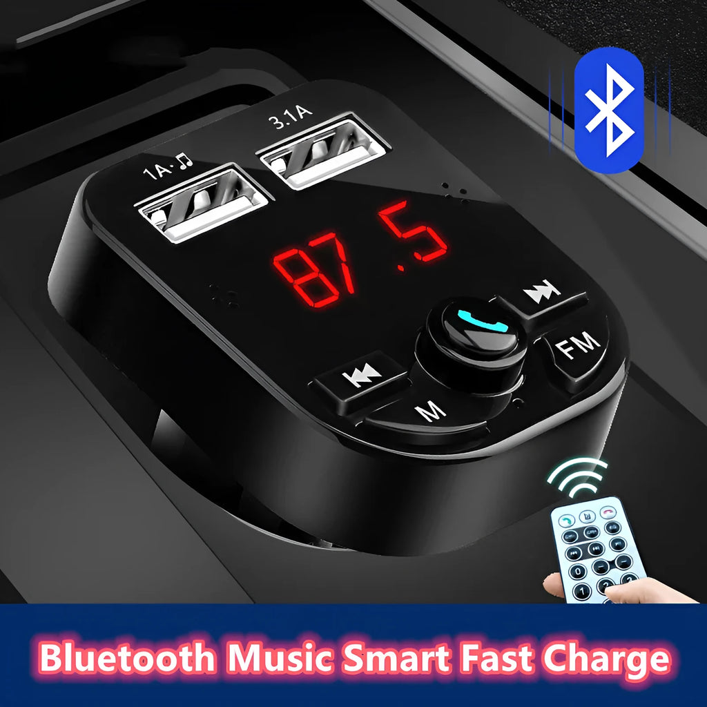 Car MP3 Bluetooth player with FM receiver, dual USB ports, monochrome screen, and ABS construction in black