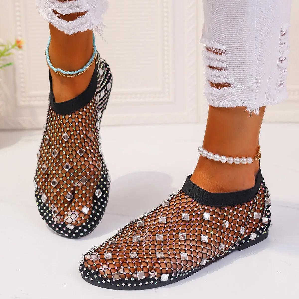 Women's colourful rhinestone mesh flat sandals with round toe and rubber sole