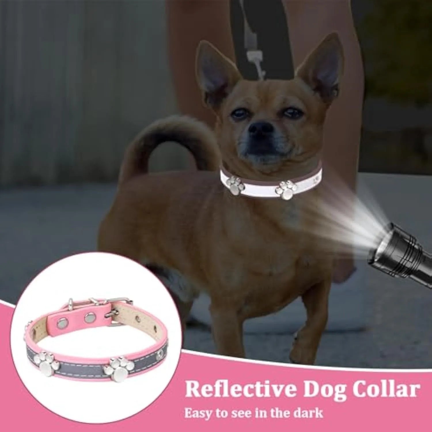 Reflective brown PU leather dog collar with a metal buckle and decorative paw rivet, shown on a size chart.