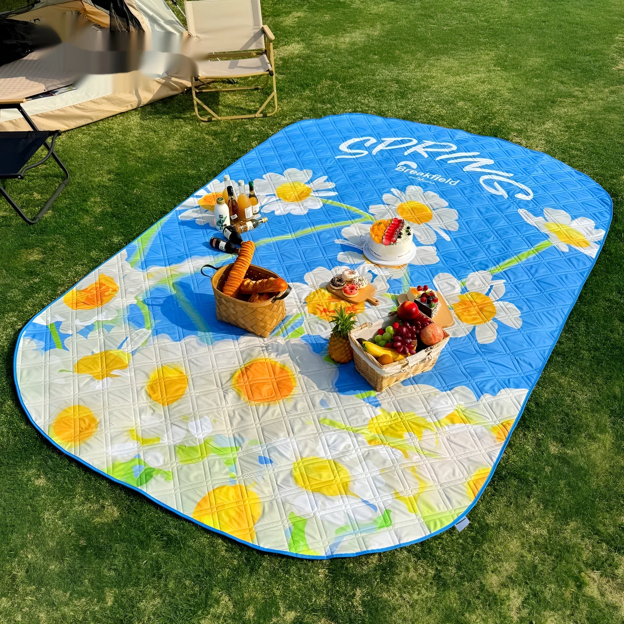 Waterproof ultrasonic thickening outdoor camping mat in a Four Seasons series colour laid on grass