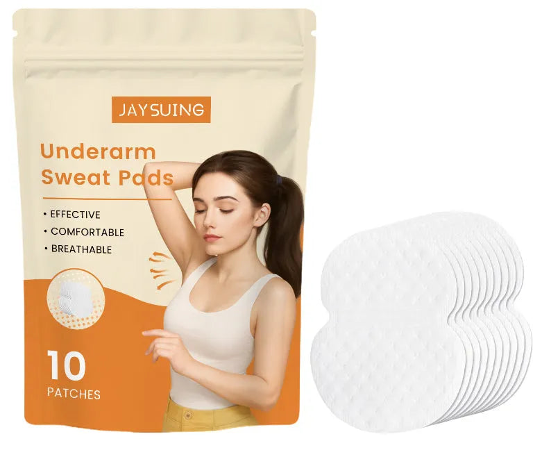 10 reusable white underarm sweat absorbing patches with skin-safe adhesive and vitamin E