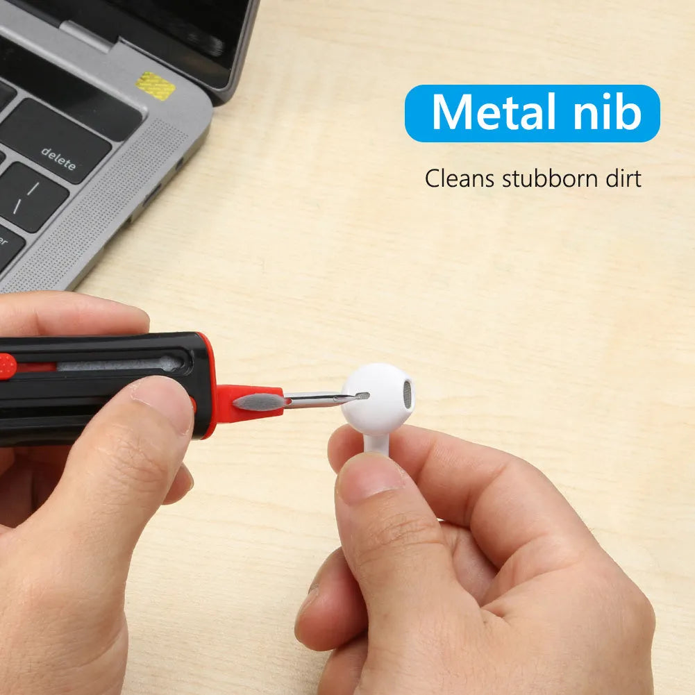 White and red AirPods cleaning pen with brush heads and flocking sponge for wireless earphone case cleaning