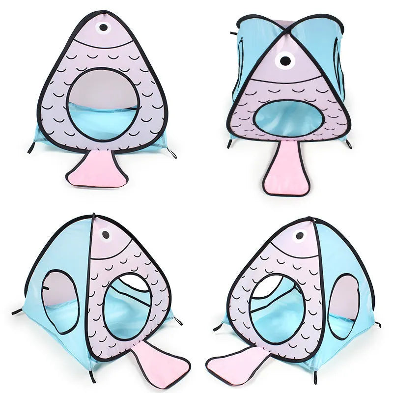 Foldable pet tent cat tunnel with cat and fish design for indoor pet play