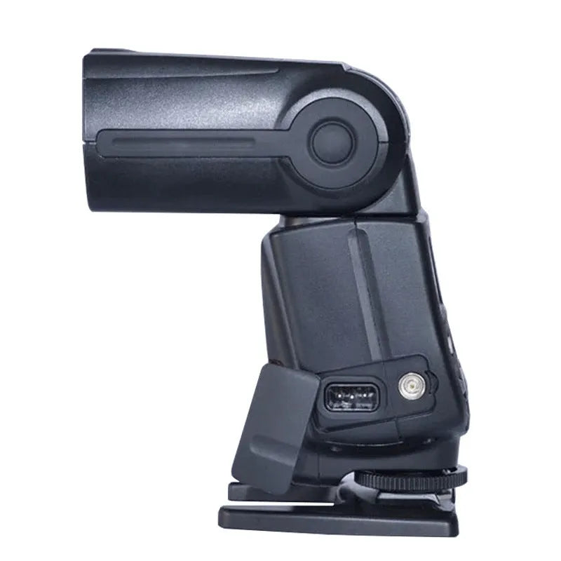 Black universal camera on-board flash with 58 guide number for Canon Nikon cameras, rotatable head, 24-105mm range