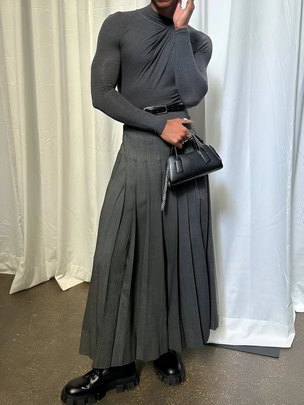 Men's grey pleated wide-leg polyester trousers, full-length regular fit, elasticated waist, front view