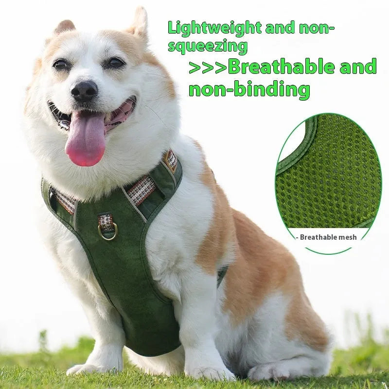 Brown leather dog harness with reflective strips and metal D-ring for lead attachment