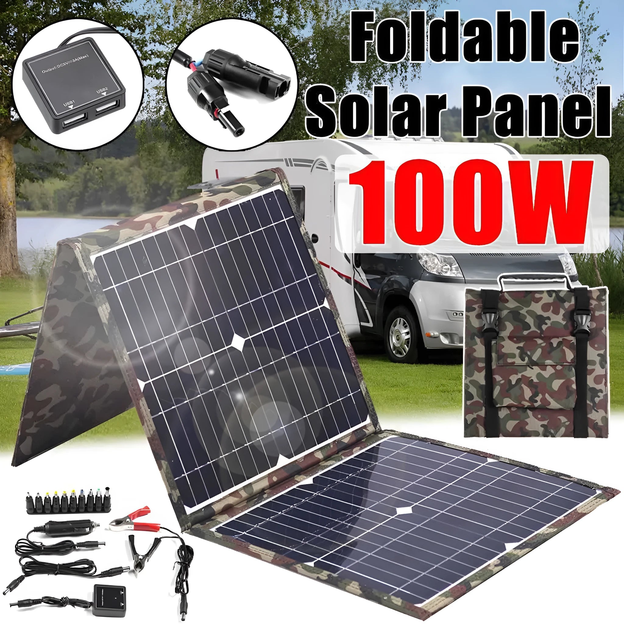 Black foldable 36W portable solar panel with car charger and USB accessories unfolded to 87cm width