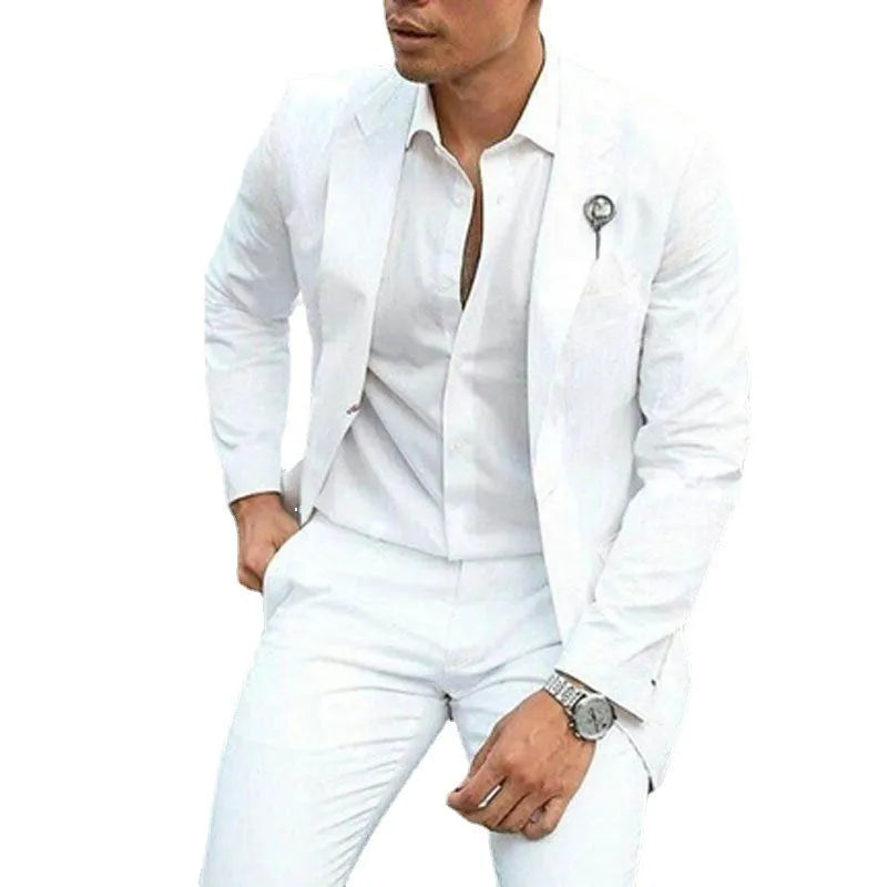 White slim fit men's two-piece suit for wedding groomsmen and spring formal events