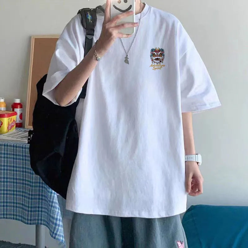 Plus size cotton short sleeve top with round neck and letter print, available in black or white