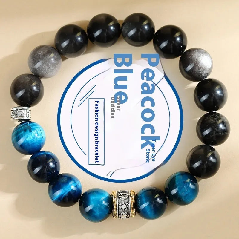Handmade peacock blue tigereye stone bracelet with geometric ethnic design and adjustable silver fastening