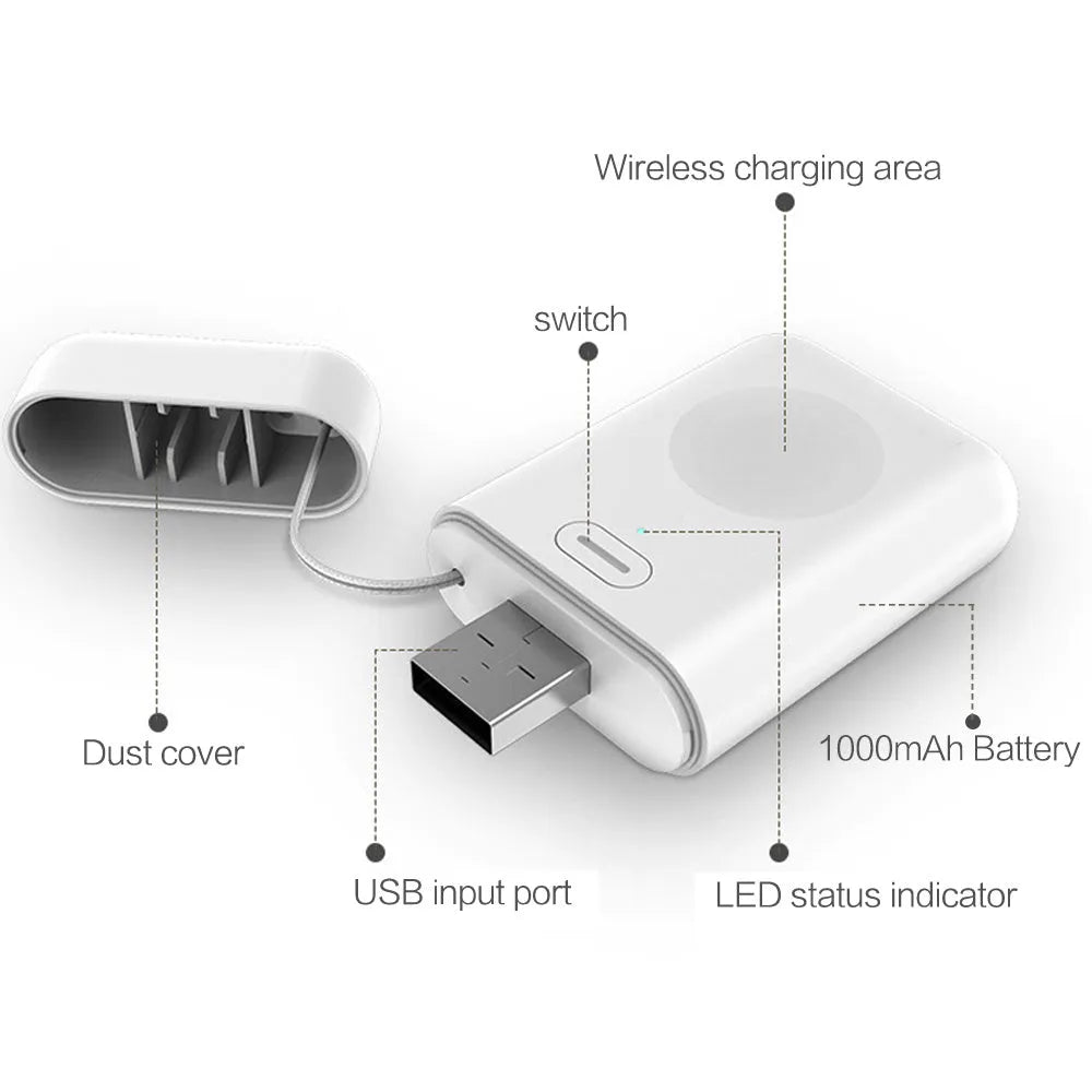 White portable wireless magnetic charger power bank for Apple Watch showing size scale.