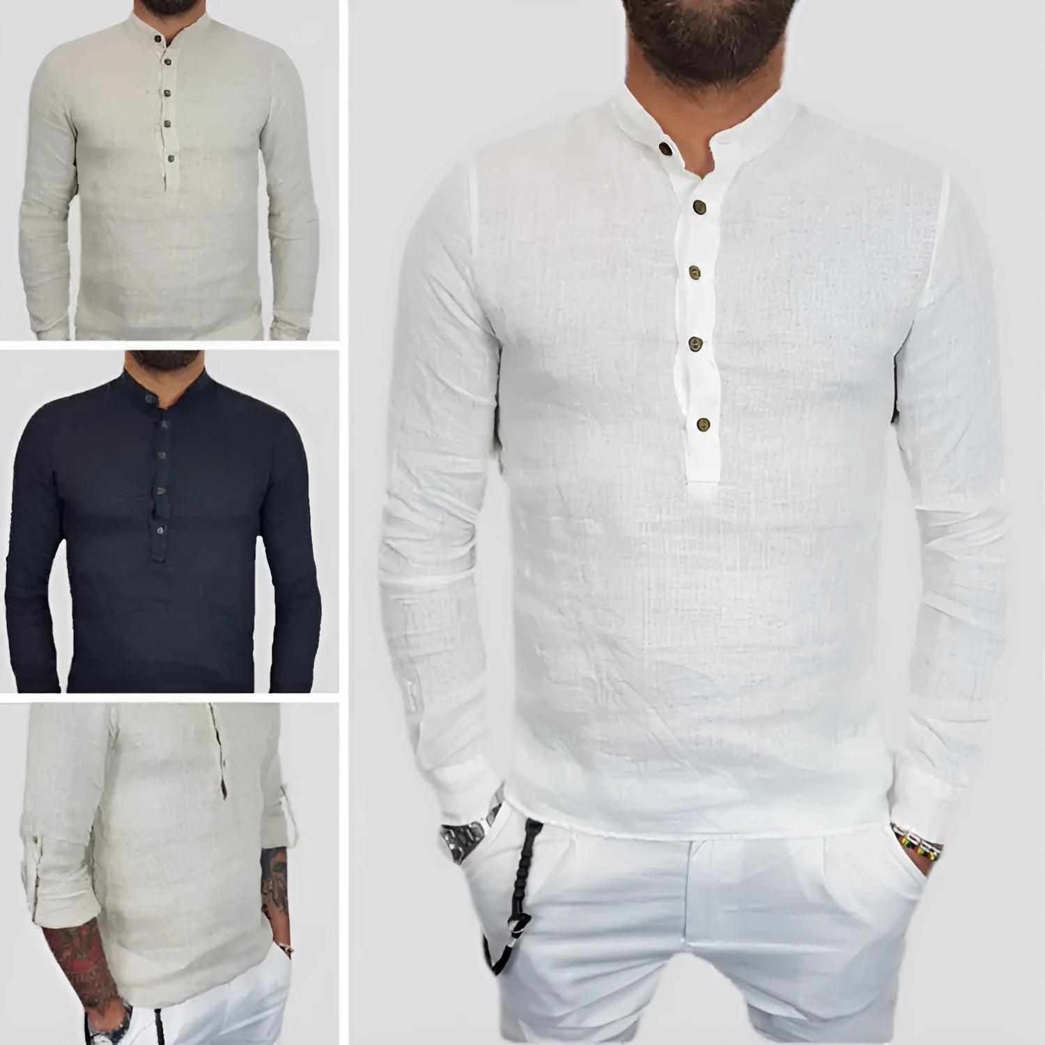 Men's loose fit casual long sleeve shirt in black and beige, hemp cotton blend, sizes S-4XL