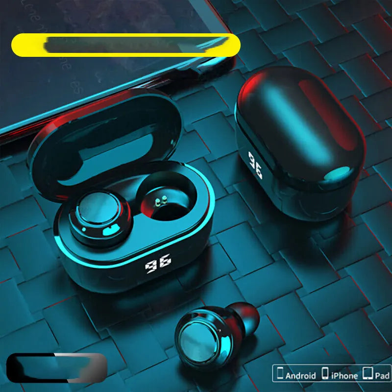 Black wireless stereo Bluetooth headset with earplug design shown with NFC symbol.