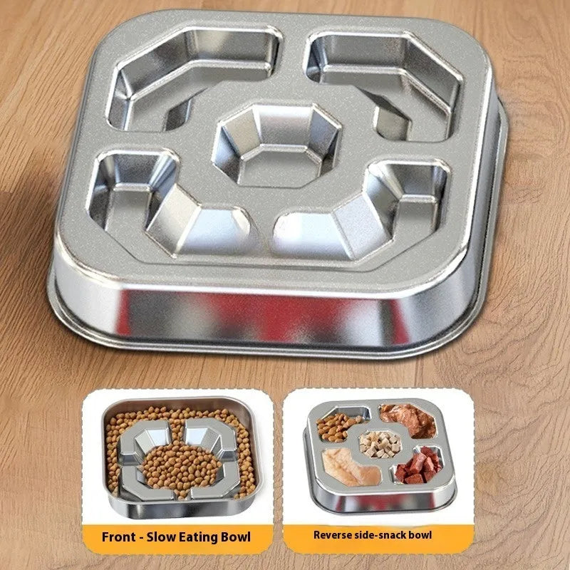 Square stainless steel pet slow feeding bowl for dogs and cats, available in bone square and square model shapes