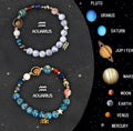 Set of two beaded bracelets with zodiac charms and natural stones on an adjustable leather cord.