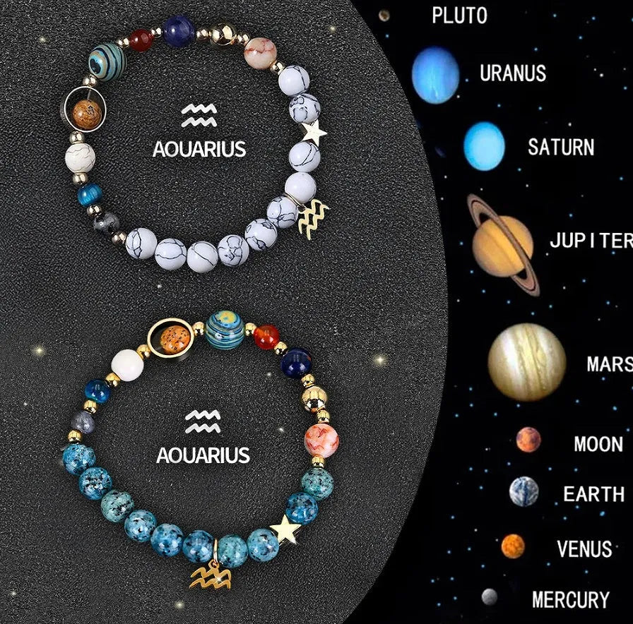 Set of two beaded bracelets with zodiac charms and natural stones on an adjustable leather cord.
