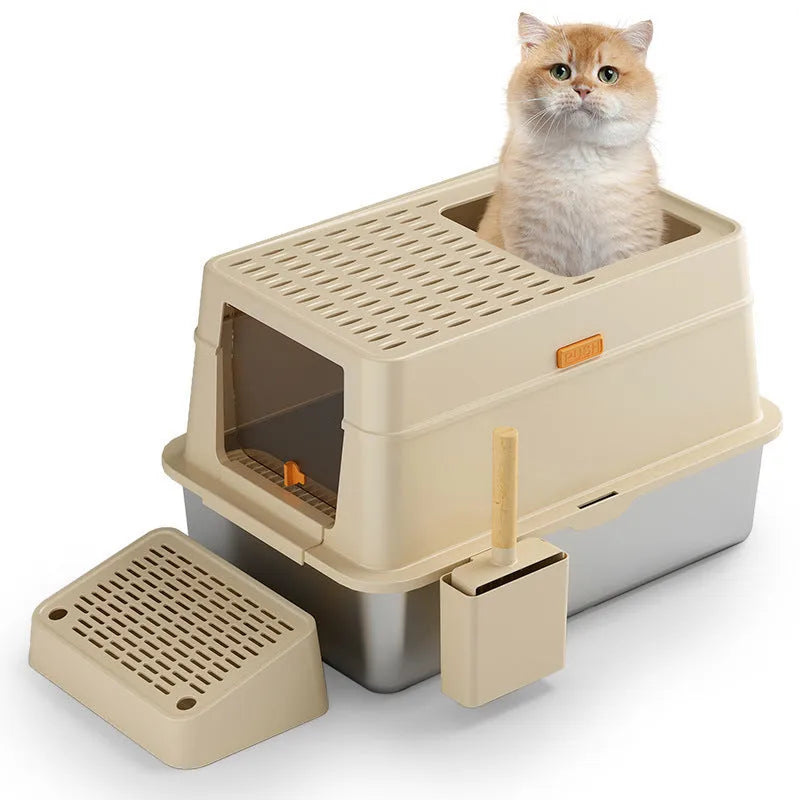 Grey ABS plastic enclosed cat toilet with pedal entry system