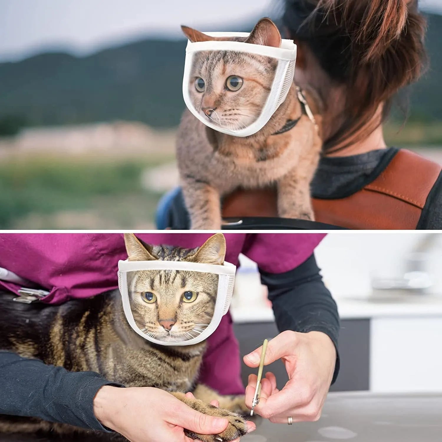 Clear PVC and cotton cat anti-bite muzzle shown in small and medium sizes for grooming.