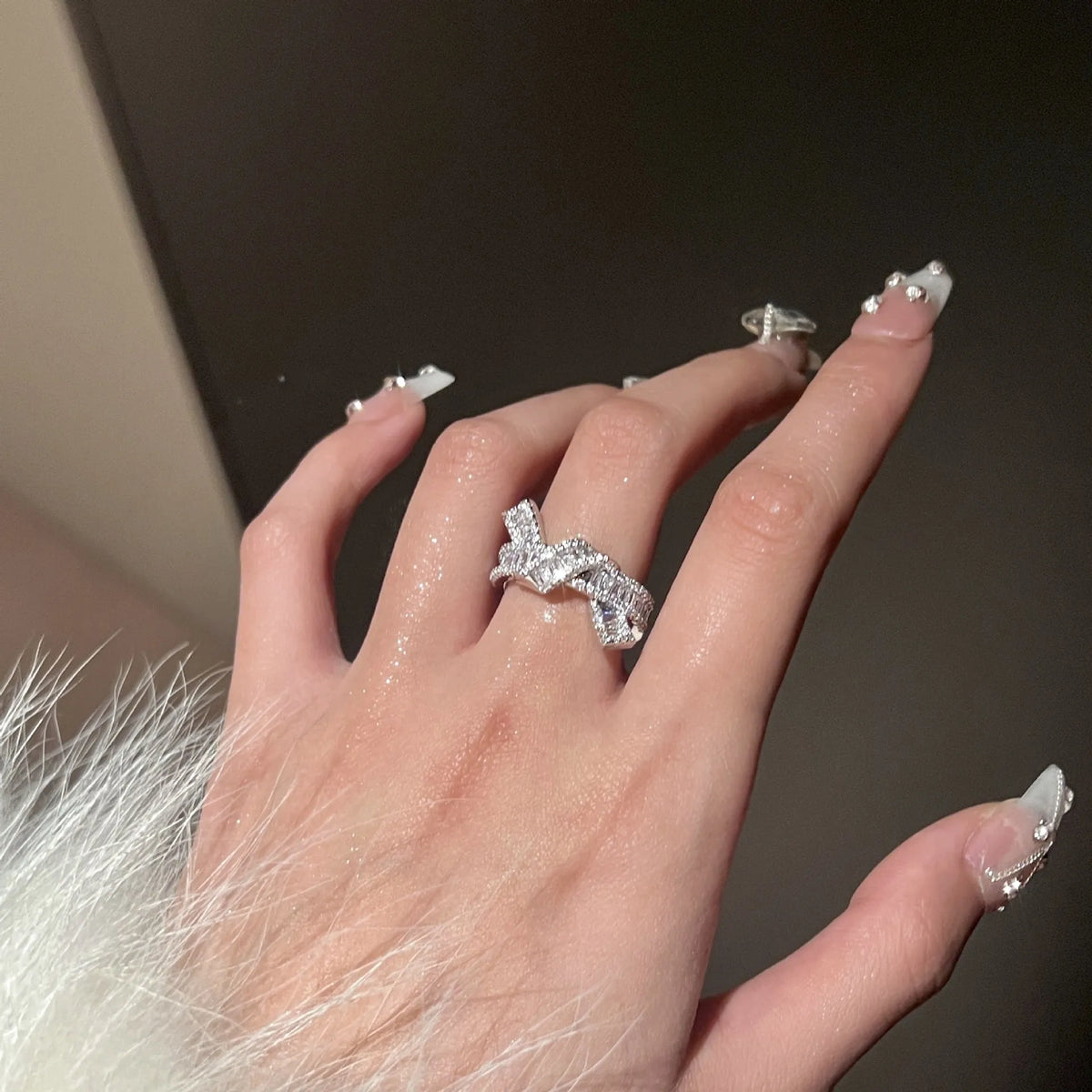 Silver cross open ring with bow shape on copper base, electroplating finish, minimalist style