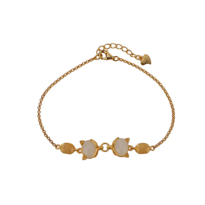 925 sterling silver bracelet with fox charm and natural stone bead on adjustable chain