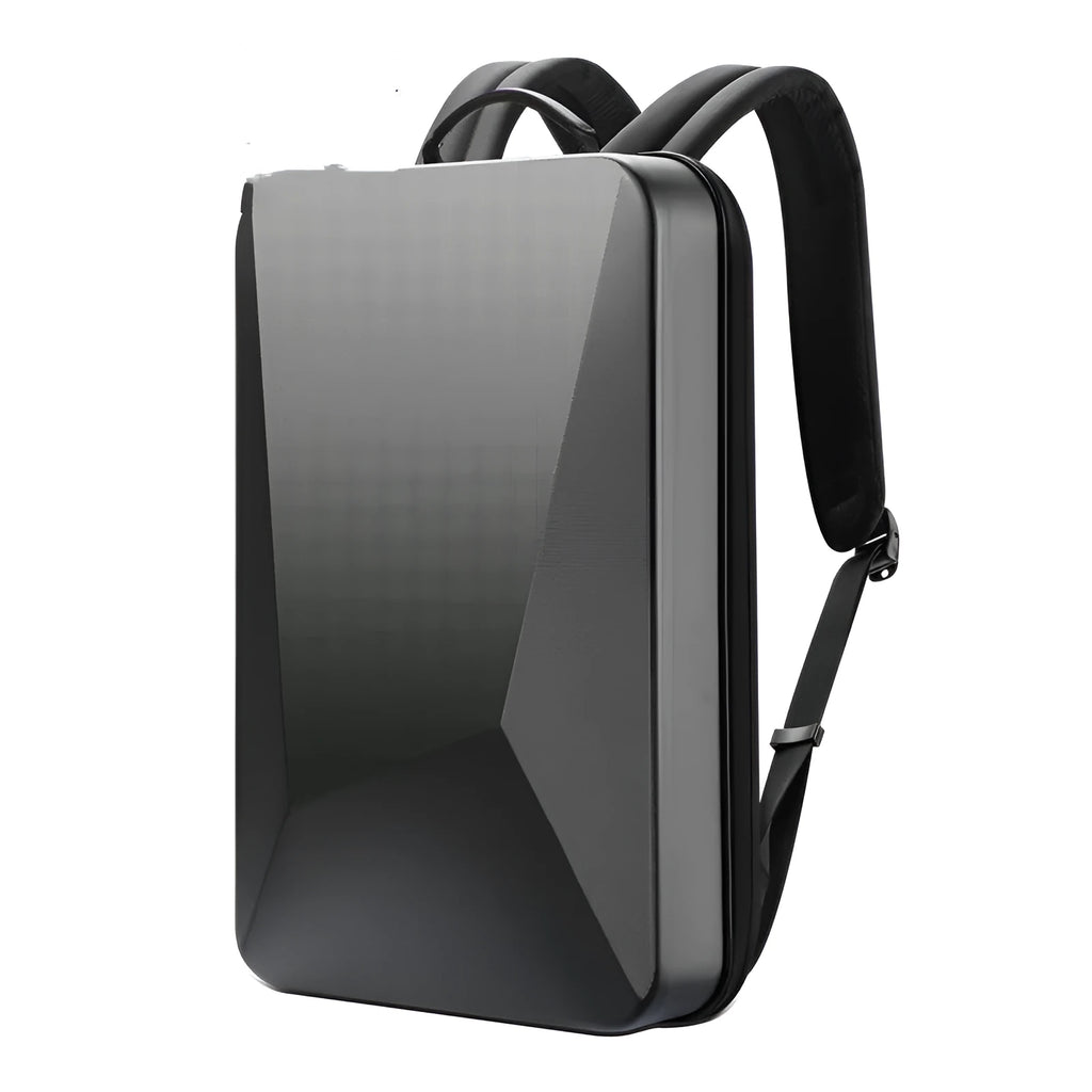 Men's large grey and black PC hard shell gaming backpack with double straps and a front lock.