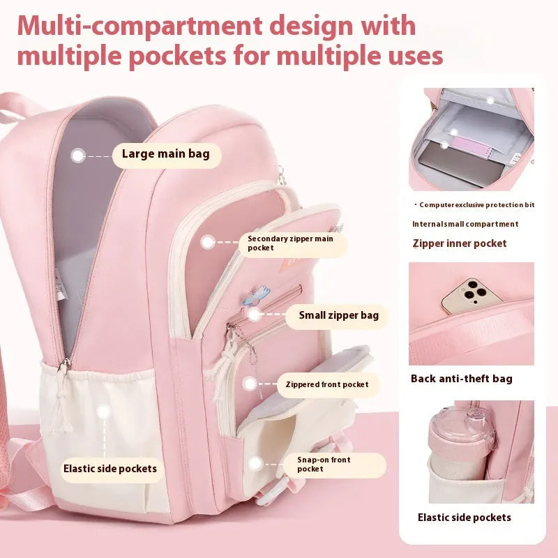 Pink waterproof school backpack set for girls with matching pencil case and tuition bag on a white background.