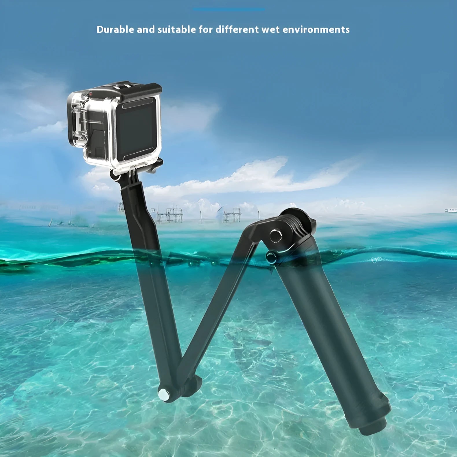 Black portable folding camera tripod storage bracket for GoPro Hero action cameras on a white background.
