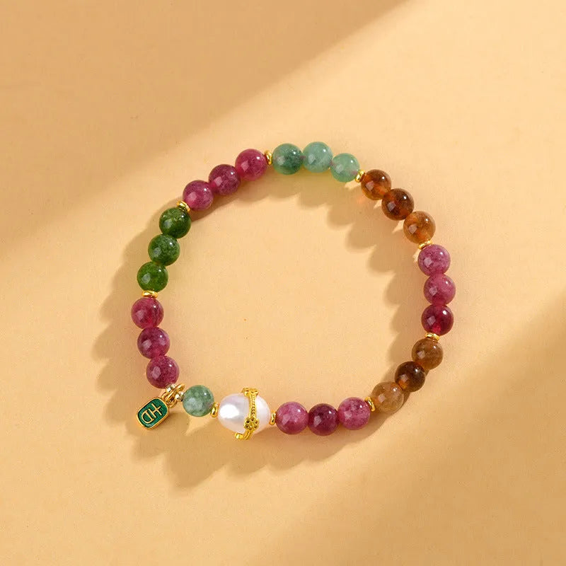 Geometric tourmaline and chalcedony bracelet with 6.5mm natural crystal beads