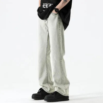 American retro black high-waist straight-leg button fly washed denim pants for teenagers