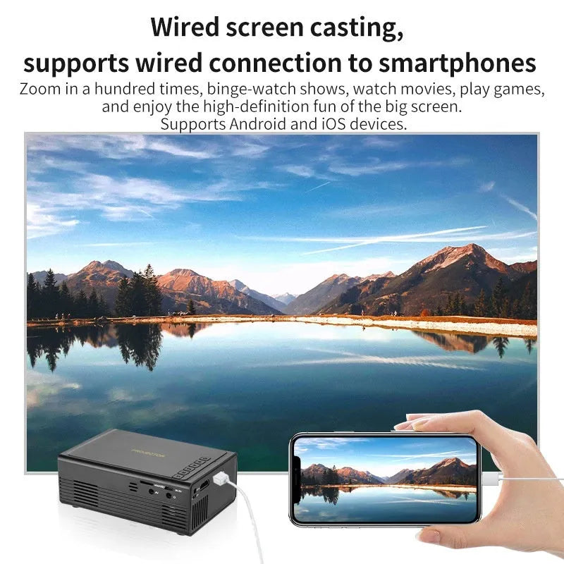 Black portable mini projector with wired connection cable for mobile phone screen mirroring