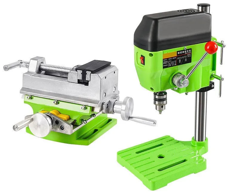 Mini bench drill and milling machine with 1050W drill and bench pliers on a workbench.