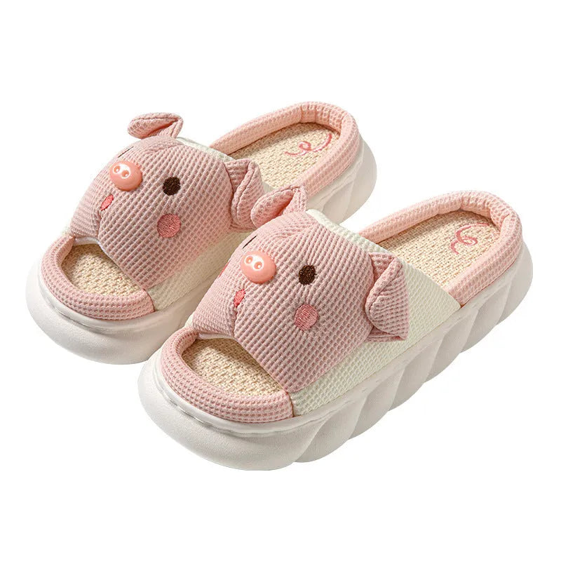 Piggy cute couple open toe linen slippers in pink colour on a white background.